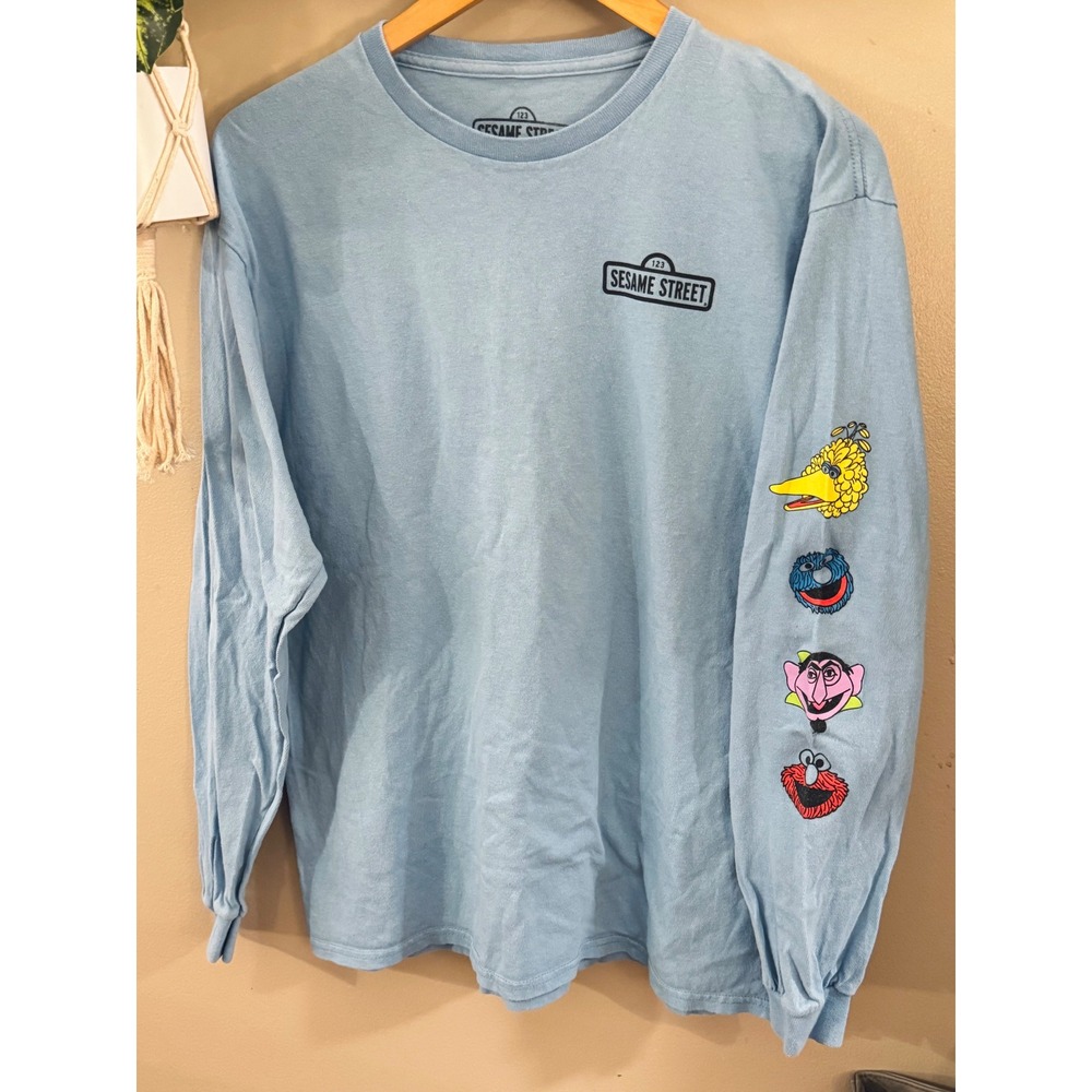 Sesame Street Graphic Long Sleeve T-Shirt Light Blue Elmo Big Bird Large